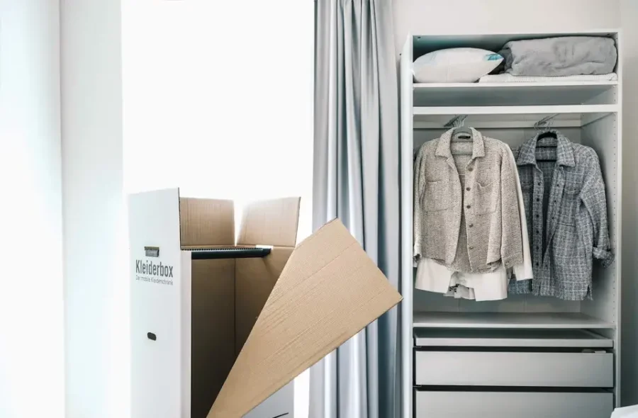 Schlafzimmers mit einem vollen Kleiderschrank und eines leeren Kleiderkarton.
