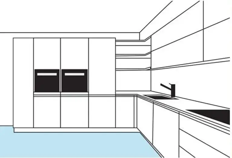 Eine Illustration die zeigt wie sich die Kosten eines Küchenaufbaus belaufen. Die Kosten werden pro Laufmeter Ober-, Unter- oder Hochschrank berechnet.