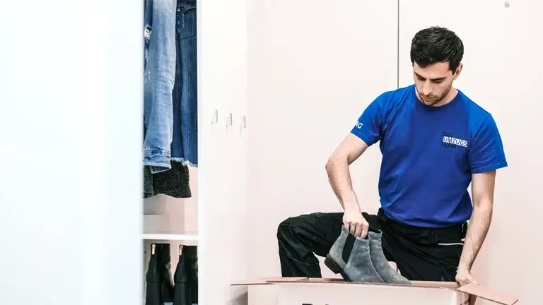Umzug Niederösterreich: Ein Möbelpacker kniet am Boden und verpackt Schuhe in einen Umzugskarton