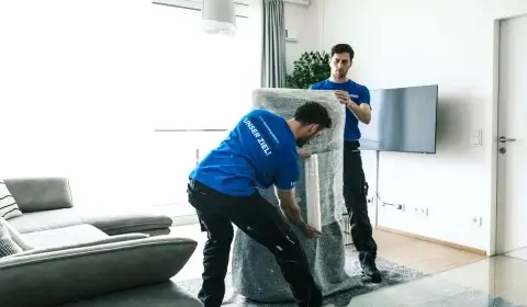 Möbelpacker verpacken einen Kasten